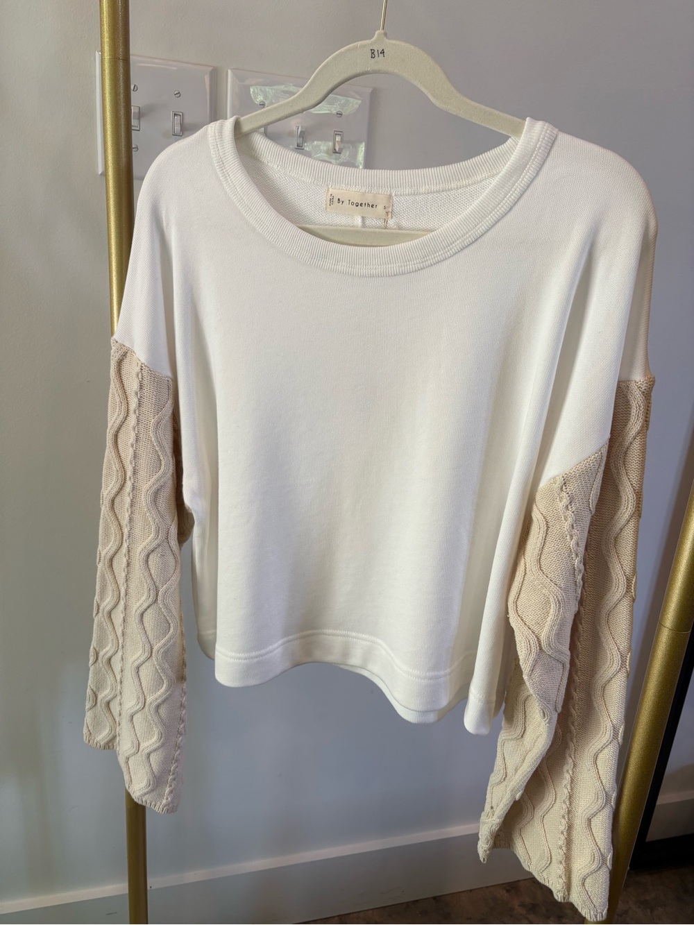 NWT By Together White pullover with Cream Cable-Knit Sleeves